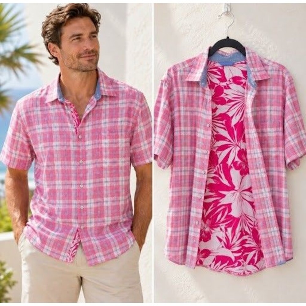 Tommy Bahama Flip Side Reversible Shirt Mens M Red Plaid Hawaiian Floral